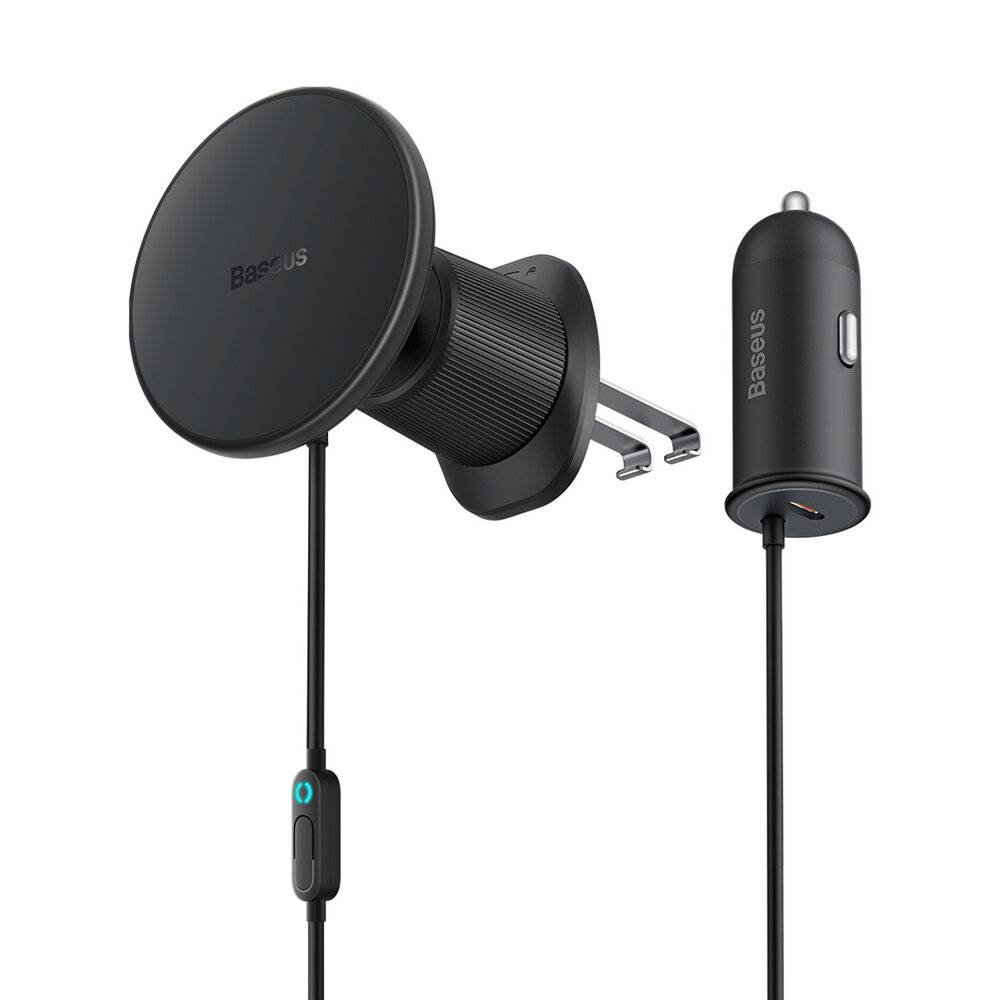 Magnetischer Auto-Telefonhalter mit angebautem Ladekabel, Marke 'Baseus'. Geeignet zur Montage in einer Autolüftung zum Aufladen von Mobilgeräten.