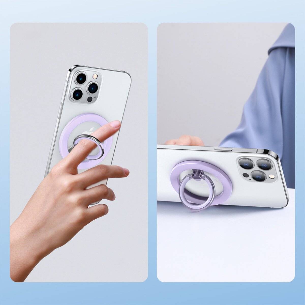 Eine Hand hält ein Smartphone mit einem Lavendelring-Griff an der Rückseite, und ein zweites Bild zeigt das Telefon auf einem Tisch ruhend.