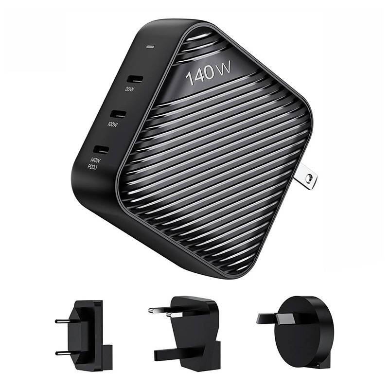 Wandladegerät INVZI GanHub 3x USB-C, 140W, EU/UK/AU/US (schwarz)