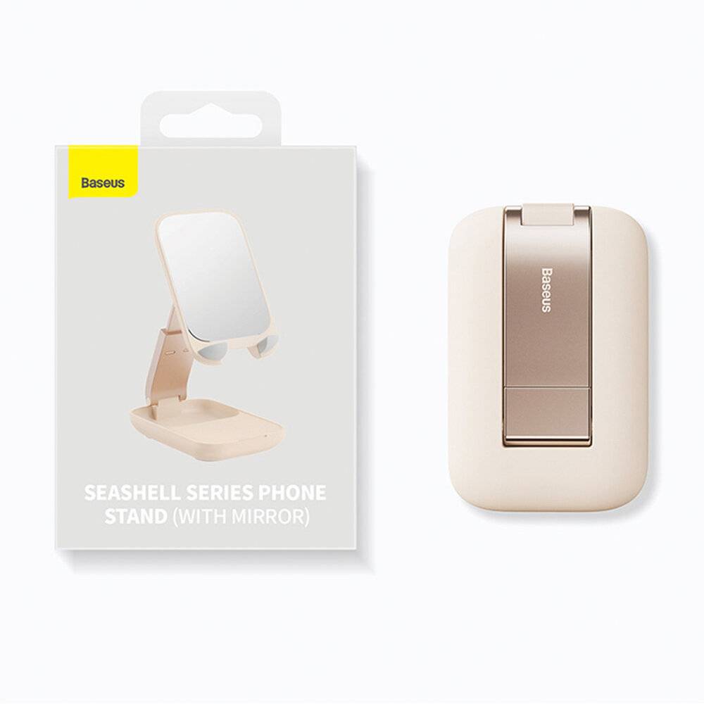 Baseus Seashell Serie Handyständer (mit Spiegel) Verpackung und Produkt. Der Handyständer ist beige mit einem eingebauten Spiegel.