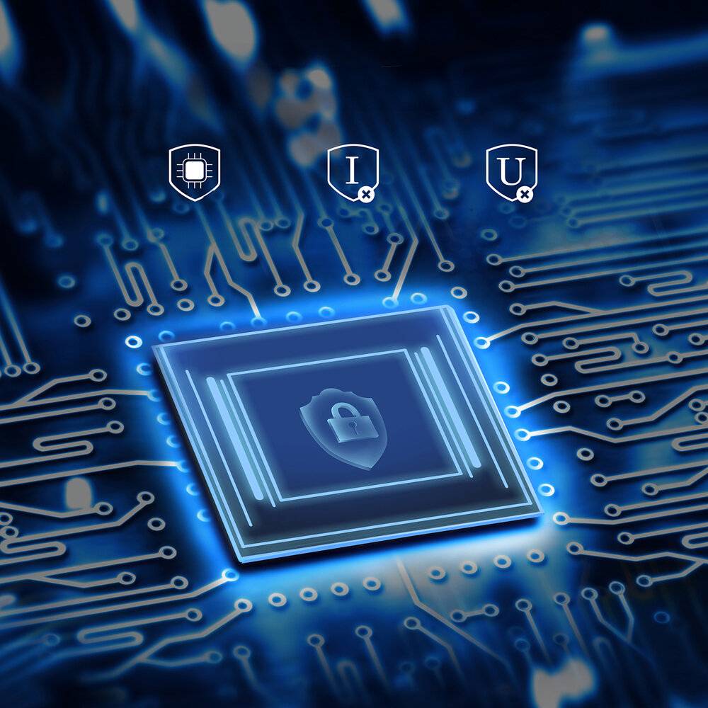 Ein leuchtendes Mikrochip auf einer Leiterplatte mit einem Schlosssymbol. Symbole darüber repräsentieren Computing, Informationen und Sicherheit. Blautöne dominieren.