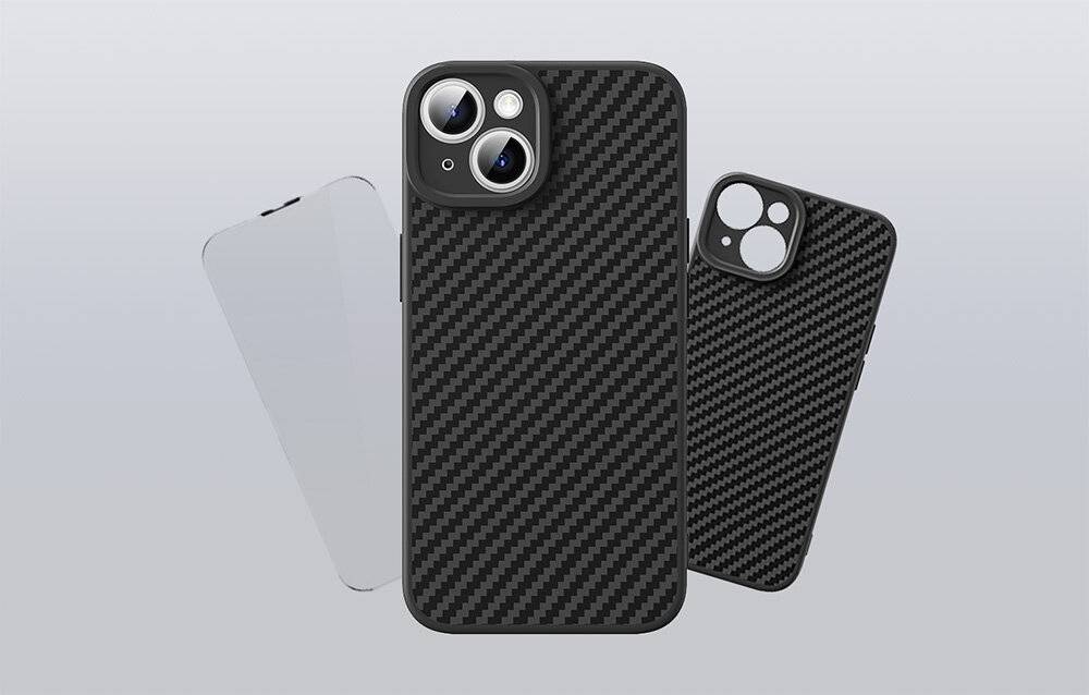 Fall Baseus Synthetische Faser iPhone 15 Plus + gehärtetes Glas