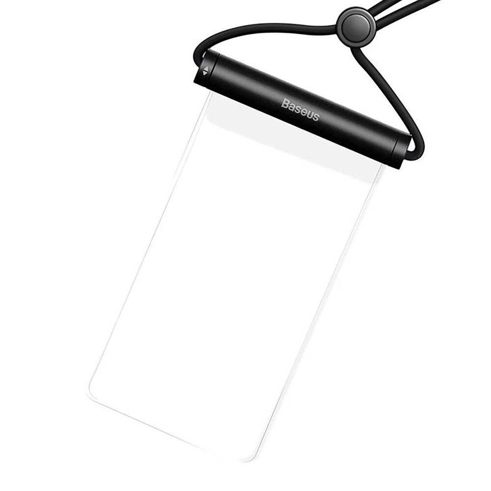 Eine transparente wasserdichte Handytasche mit schwarzem Riemen und Clip, entwickelt zum Schutz von Smartphones vor Wasserschäden.