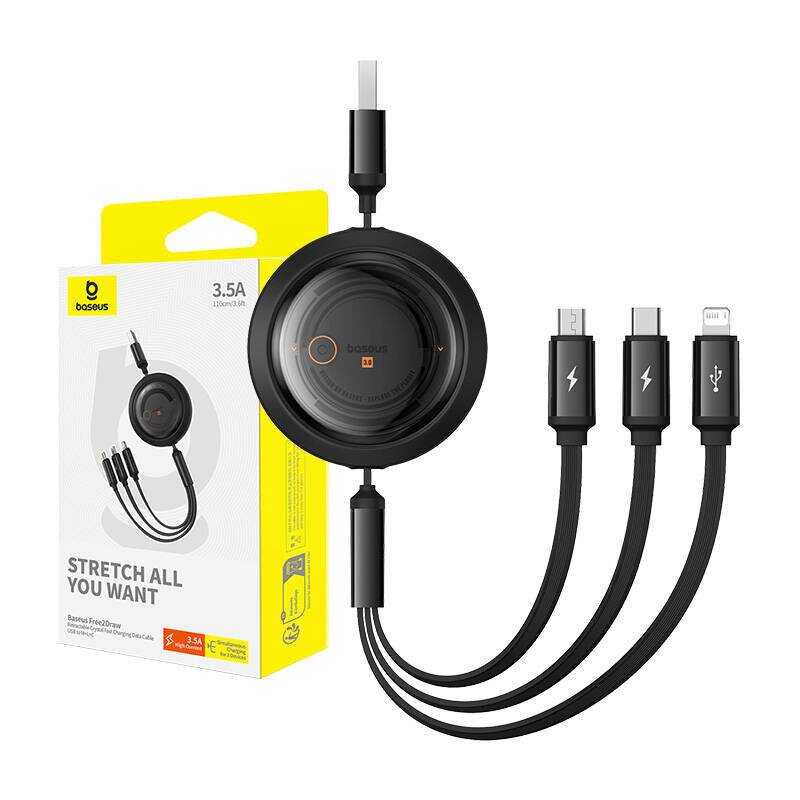 Schnellladekabel 3in1 Baseus Free2Draw, USB zu micro USB+USB-C+Blitz, 3.5A, 1.1m (schwarz)