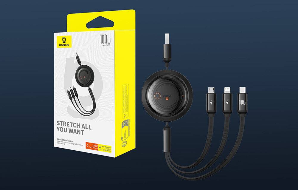 3-in-1 Baseus Free2Draw USB zu M+L+C 100W Kabel, 1,1 m (schwarz)