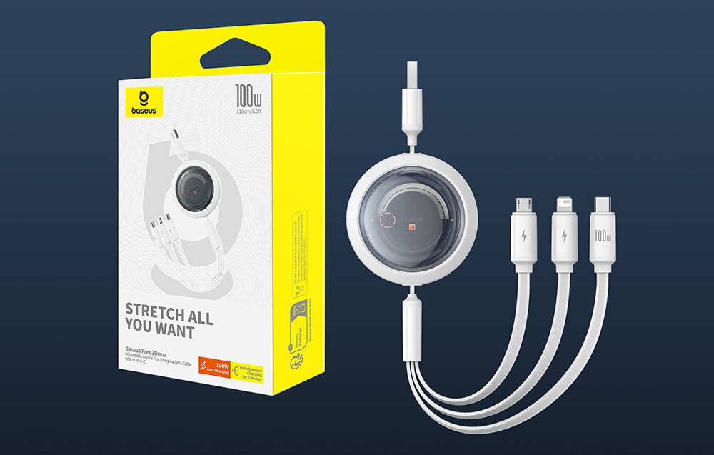 3-in-1 Baseus Free2Draw USB zu M+L+C 100W Kabel, 1,1 m (weiß)