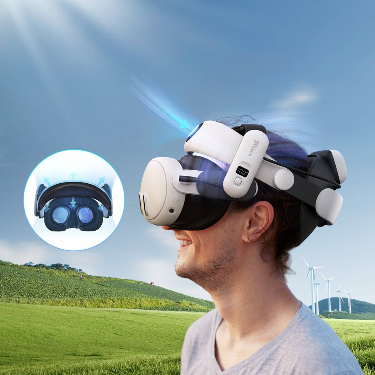Eine Person, die draußen unter einem blauen Himmel ein Virtual-Reality-Headset trägt. Eine Nahaufnahme im Inset zeigt die internen Funktionen des Headsets.