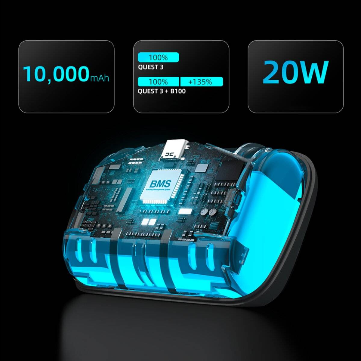 Das Bild zeigt ein transparentes Batteriepaket mit der Bezeichnung „BMS