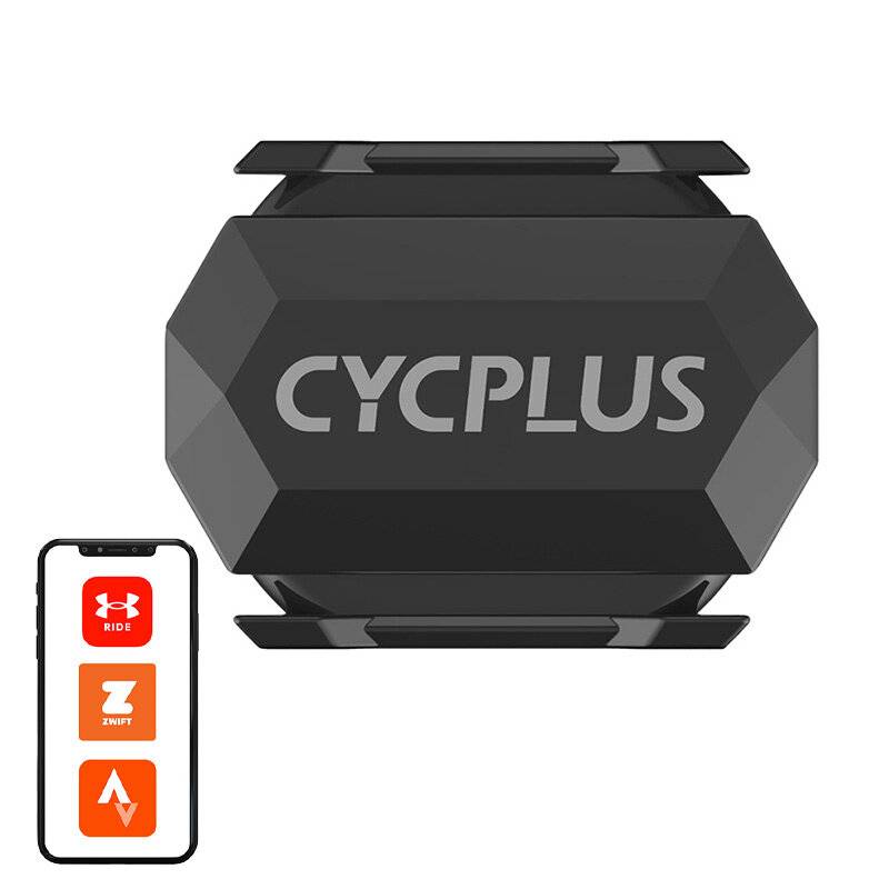 Ein schwarzer CYCPLUS-Geschwindigkeits- und Trittfrequenzsensor neben einem Smartphone mit Fitness-Apps.