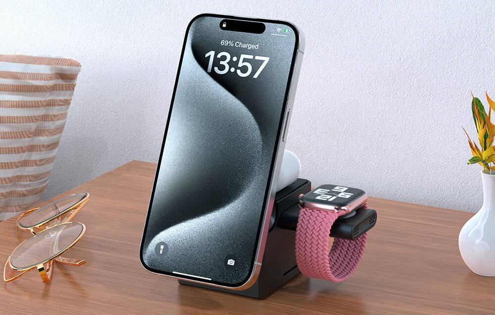 Choetech T632-F 3-in-1 Induktions-Ladestation, 15W, für iPhone, iWatch, AirPods, Schwarz