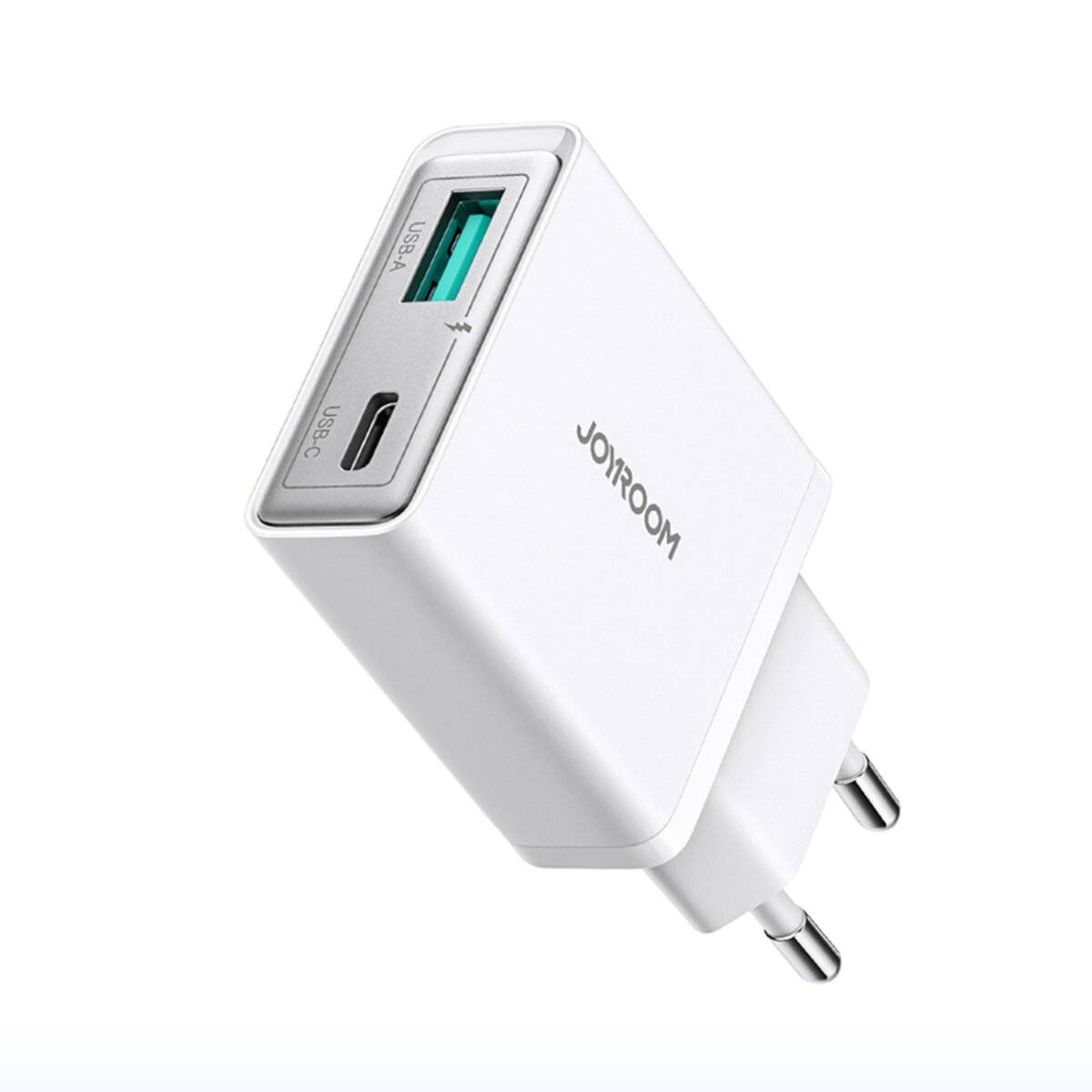 Ein weißer USB-Wandladegerät mit einem USB-A- und USB-C-Anschluss, Seitenansicht, Markenname seitlich sichtbar.