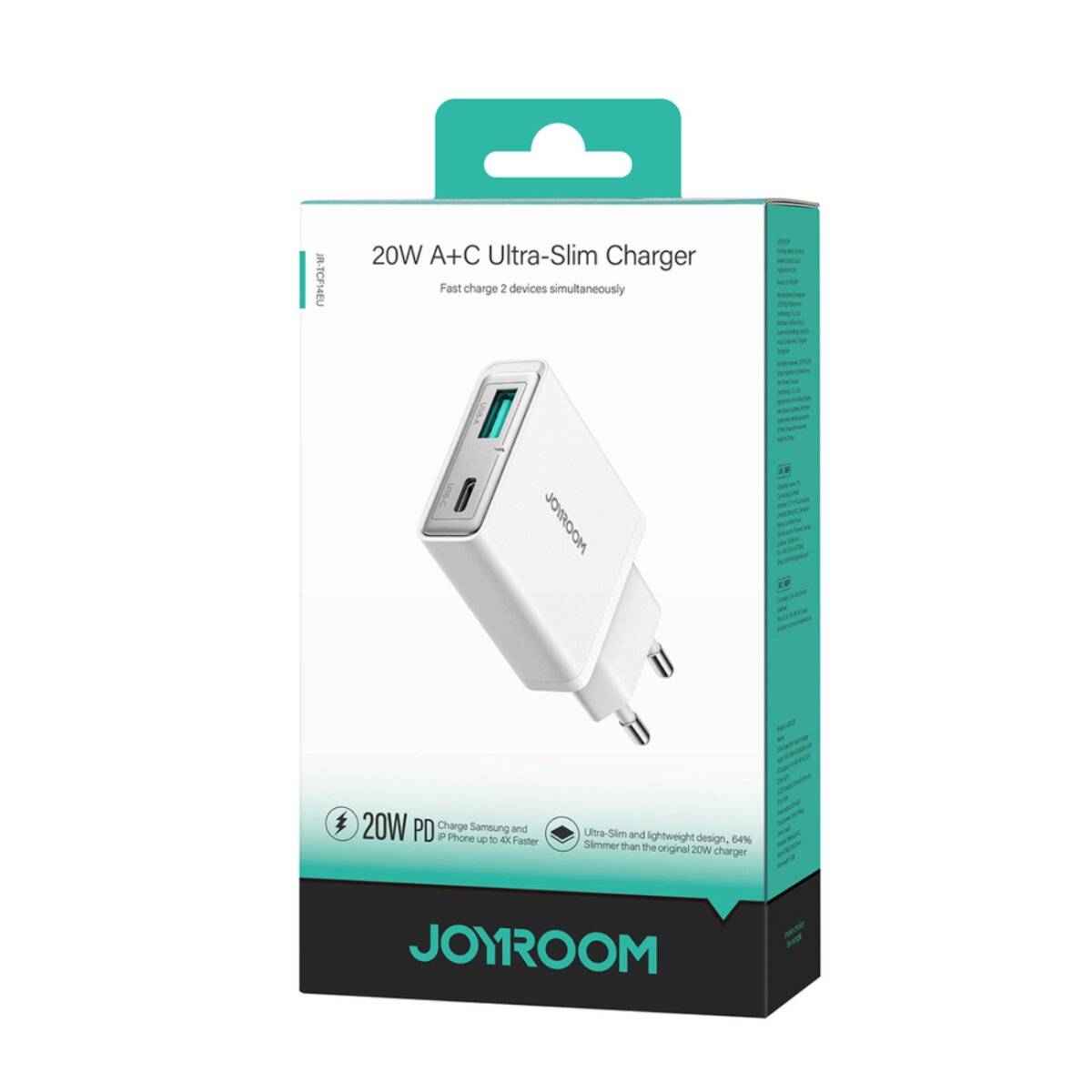 Ein Paket, das das 'JOYROOM 20W A+C Ultra-Slim Ladegerät' mit zwei USB-Anschlüssen zum gleichzeitigen Aufladen von zwei Geräten präsentiert.