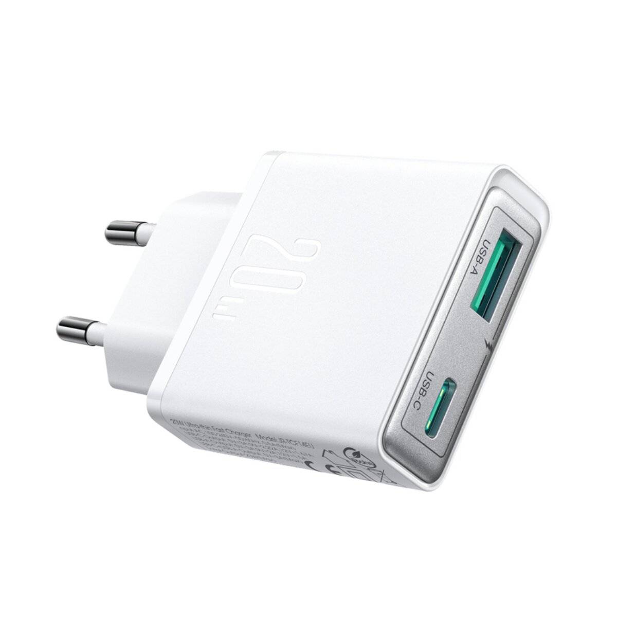 Ein weißer, dualer USB-Wandladegerät mit der Leistungsspezifikation '20W' und zwei USB-Anschlüssen. Entwickelt für effizientes Laden elektronischer Geräte.