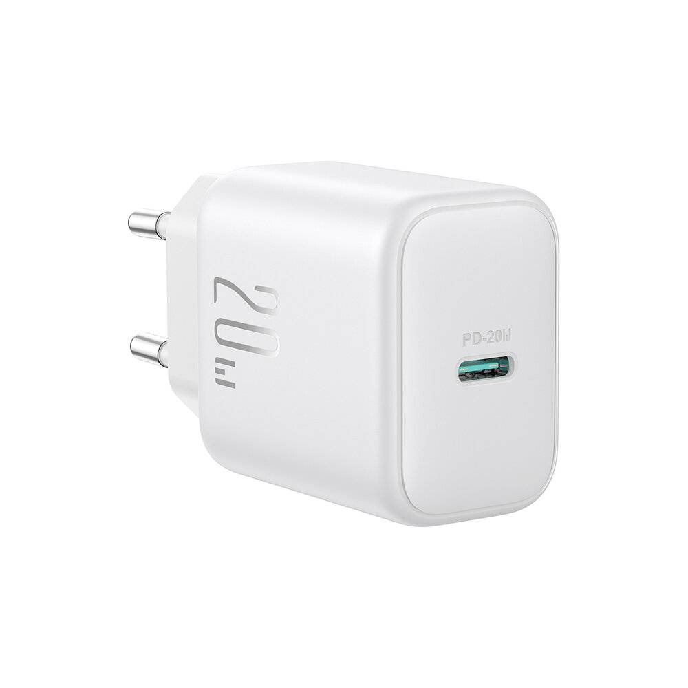 Ein weißes 20W USB-C Wandladegerät mit europäischen Steckern, beschriftet mit PD-20W, geeignet zum schnellen Laden von elektronischen Geräten.