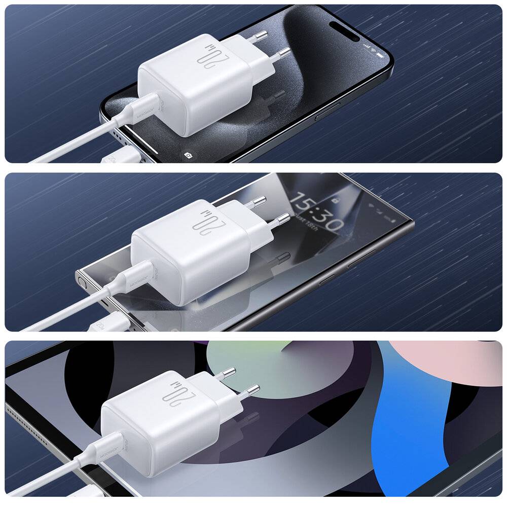 Eine Serie von drei Bildern zeigt verschiedene Smartphones, die mit einem weißen Stecker laden, jeweils auf einem anderen Bildschirmhintergrund, wobei die Ladefähigkeit hervorgehoben wird.