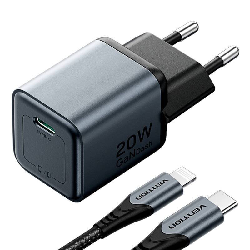 GaN Vention USB-C 20W Ladegerät + USB-C-L 1m Kabel (Grau)