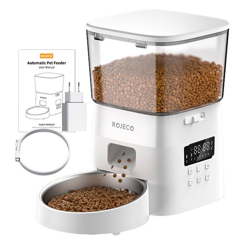 Rojeco 2L Automatischer Haustierfutterautomat Knopfversion (Weiß)