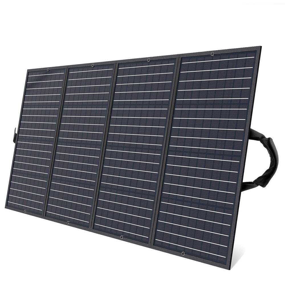 Ein schwarzes tragbares Solarpanel mit vier Abschnitten, das über Griffe für einfache Transportierbarkeit verfügt.