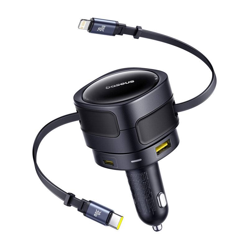 Baseus Enjoyment Max Autoladegerät mit USB-C+Lightning Kabel und USB-A+USB-C Ports 90W Schwarz