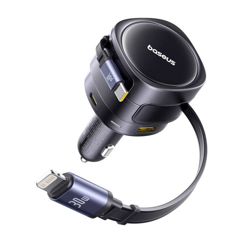 Baseus Enjoyment Max Autoladegerät mit USB-C+Lightning Kabel und USB-A+USB-C Ports 90W Schwarz