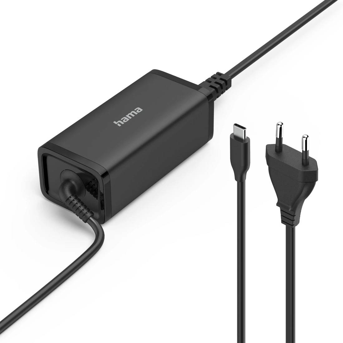 Schwarzes Hama-Wandladegerät mit angebrachtem Kabel und austauschbaren USB-C- und Zwei-Stift-Steckadaptern auf weißem Hintergrund.