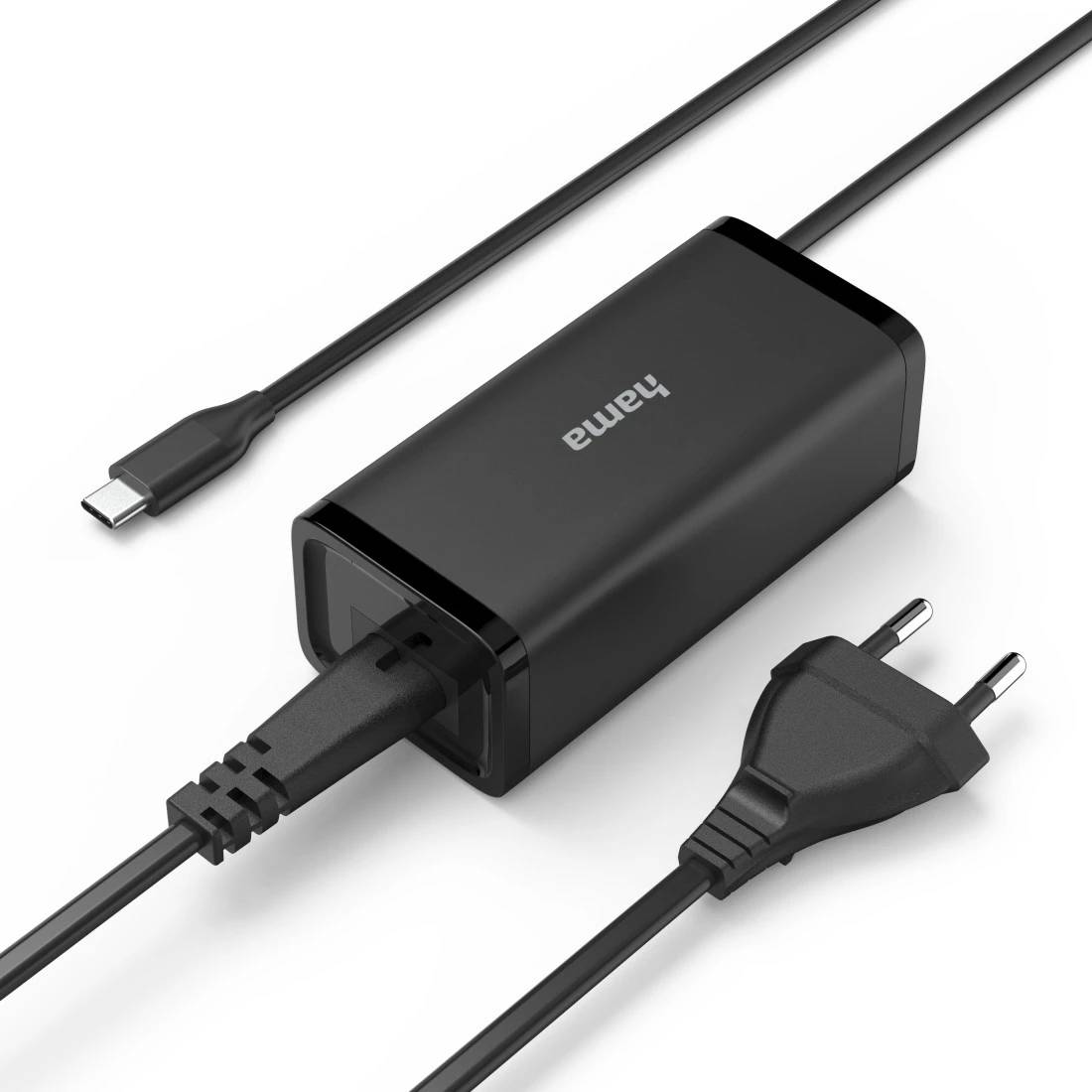 Schwarzes Hama-Wandladegerät mit USB-C-Kabel und zweipoliger europäischer Steckdose auf weißem Hintergrund gezeigt.
