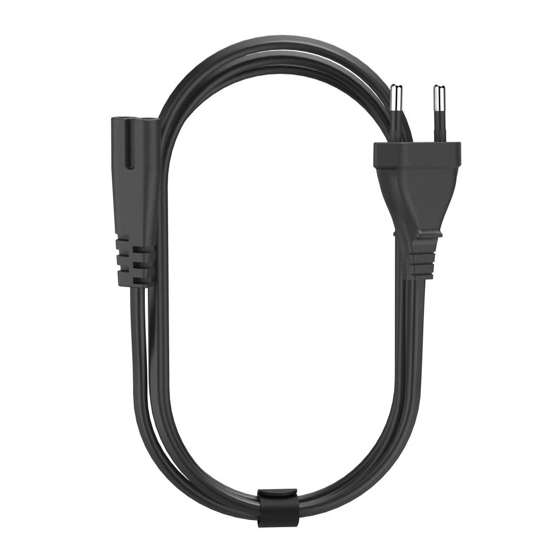 Schwarzes zweipoliges Stromkabel mit geformtem Stecker und Inline-Verbinder, aufgerollt auf weißem Hintergrund.