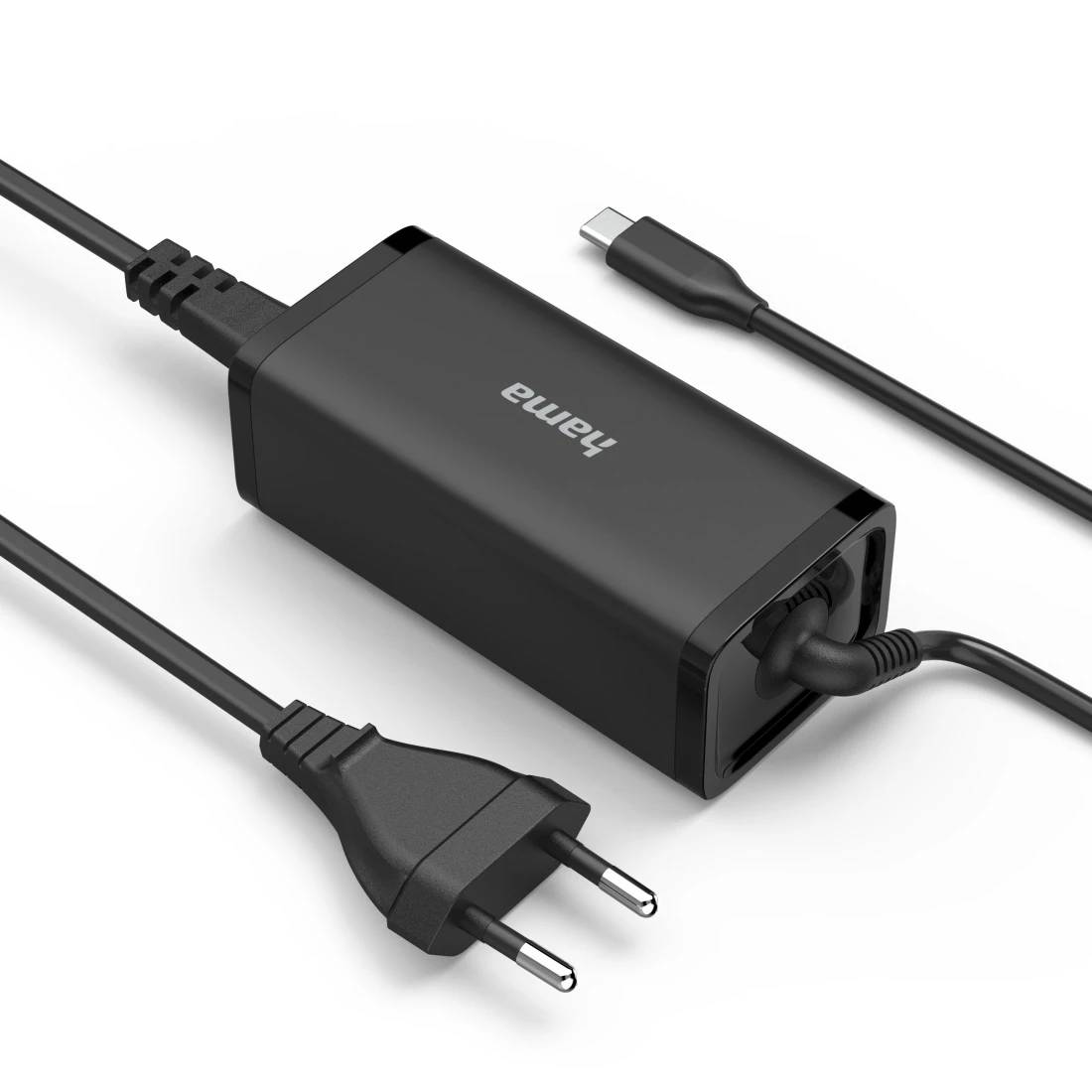 Schwarzer Hama-Netzteil mit USB-C-Kabel, zweipoliger Stecker und angebrachtem Ladekabel auf weißem Hintergrund.