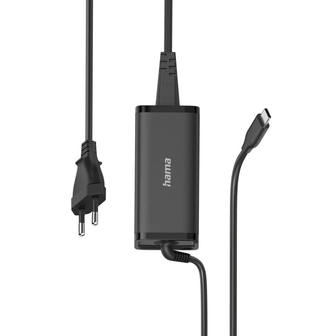 Schwarzer Hama-Stromadapter mit europäischem Stecker, angebautem USB-C-Kabel und separatem USB-C-Anschluss auf weißem Hintergrund.