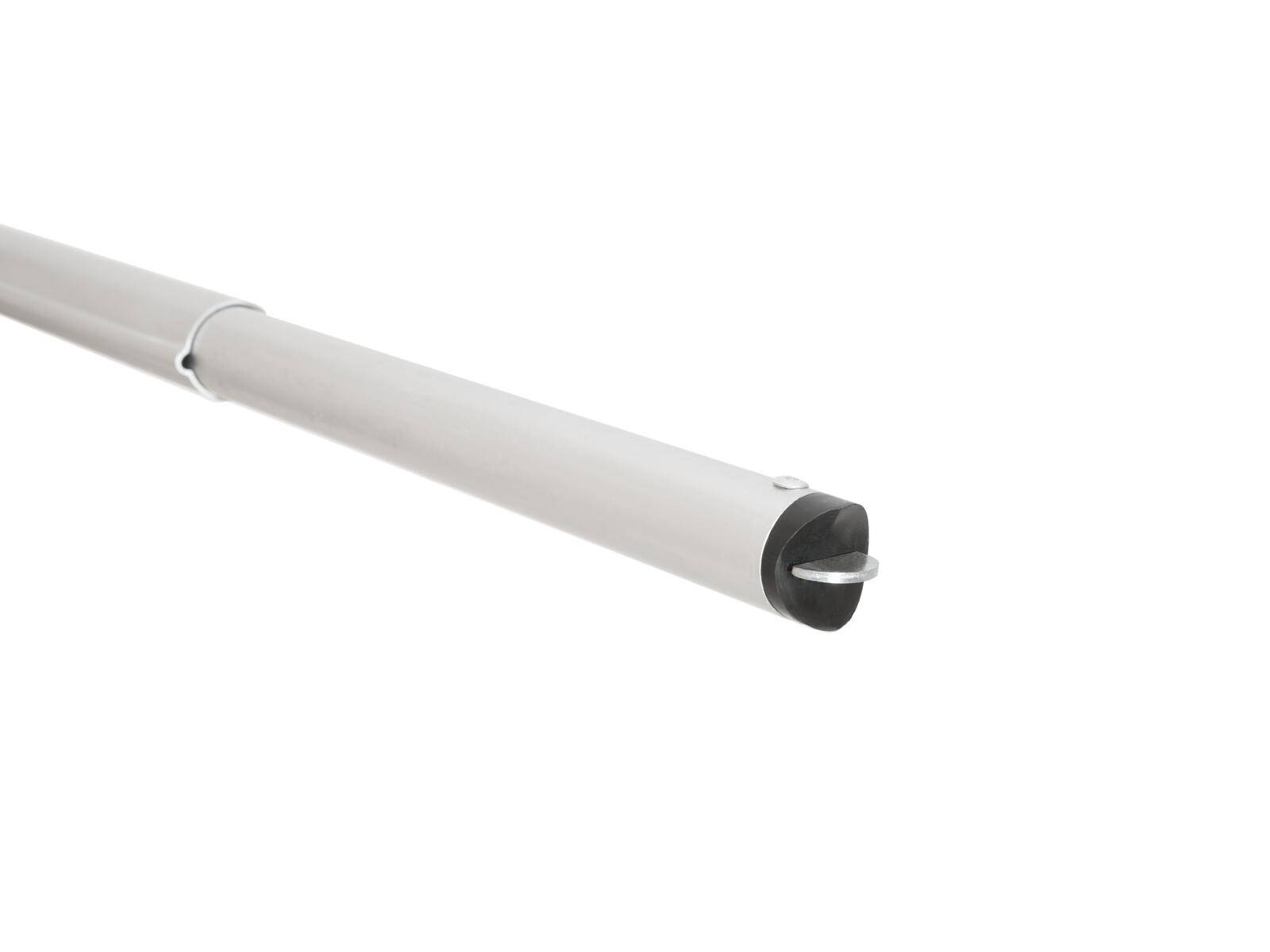 Eine weiße Teleskopstange mit einem schwarzen Endstück, höchstwahrscheinlich Teil eines Vorhang- oder Duschstangensystems, wird vor einem einfarbigen Hintergrund gezeigt.