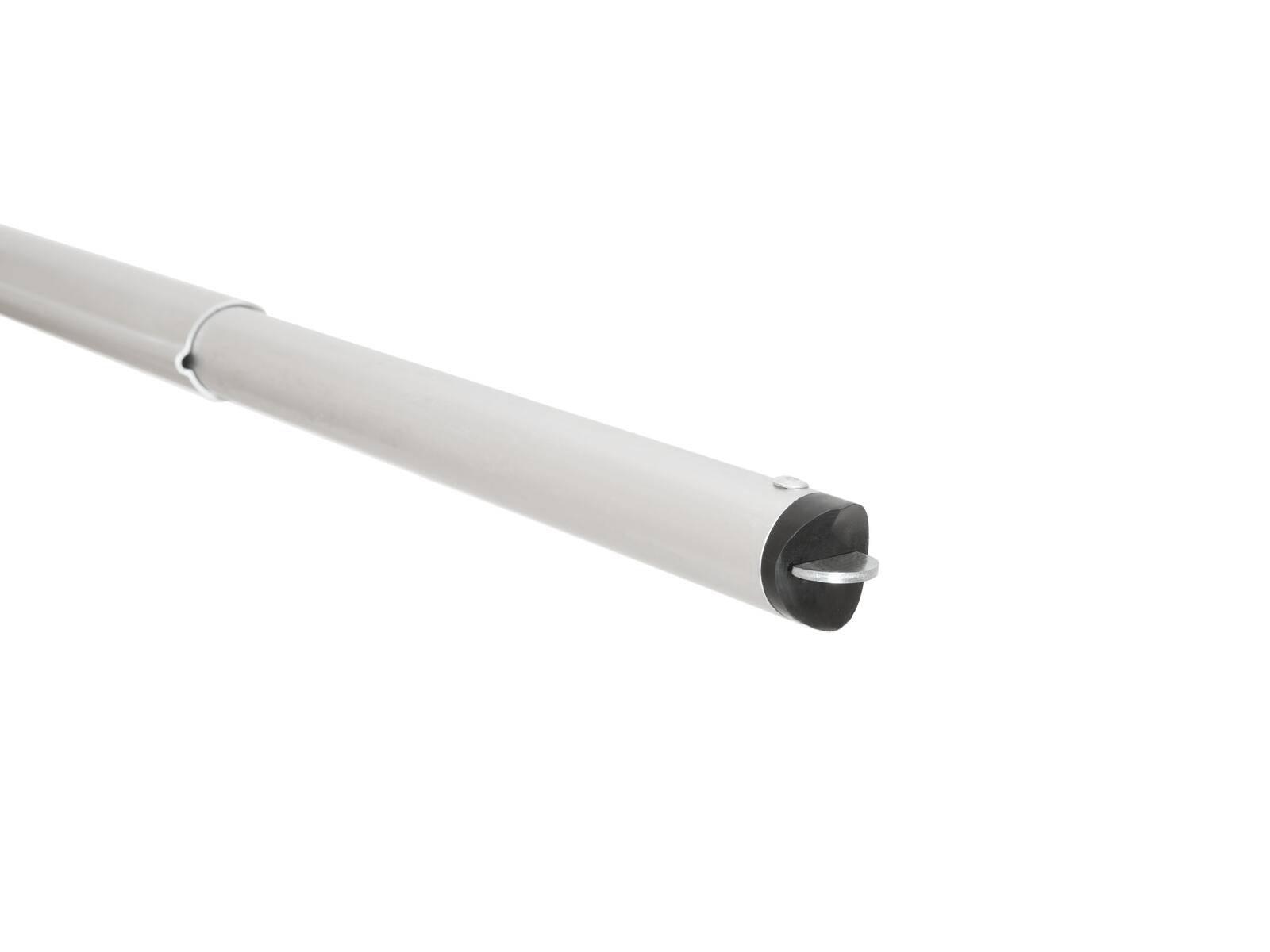 Ein leichter Aluminium-Gehstock mit einer schwarzen Gummispitze an der Basis und einem weißen Schaft, der für Stabilität und Unterstützung konzipiert ist.