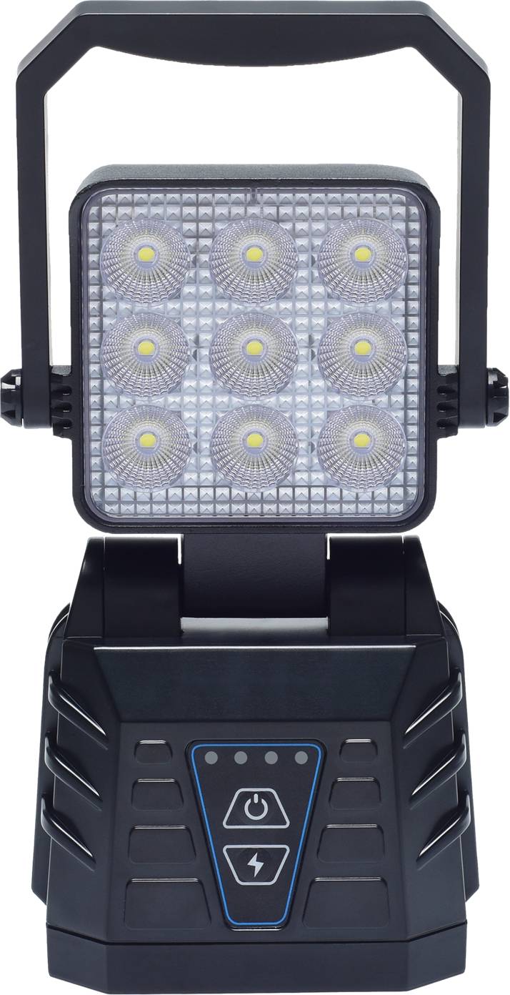 Berger & Schröter | Mobiler LED Arbeitscheinwerfer, 15 W Arbeitslicht, Magnetfuß, 8000 mAh 7,4 V Akku, 9 LEDs, weiß und orange, IP66, 90° verstell