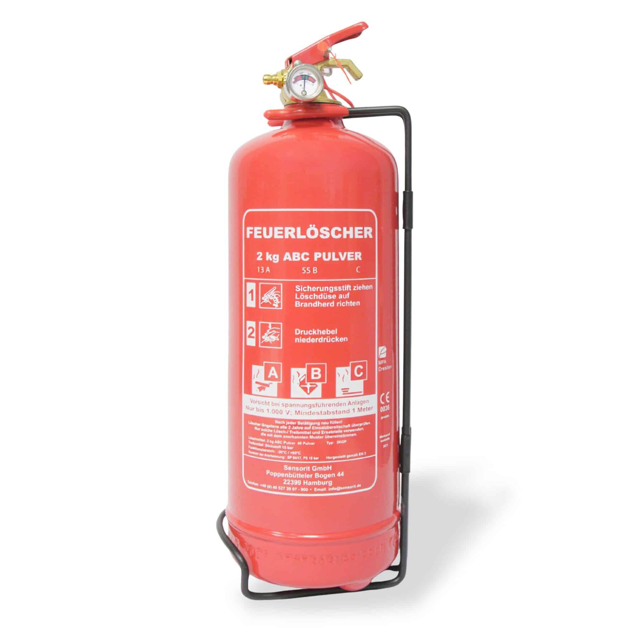 Feuerlöscher, 2kg, Pulverlöscher, Autolöscher, ABC Pulver Feuerlöscher inkl. Halterung und Prüfschild