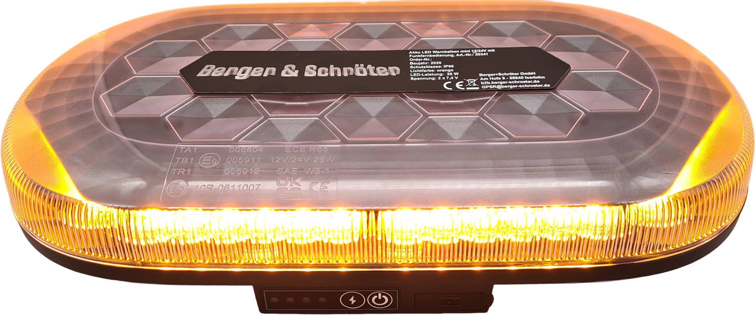 Berger & Schröter | Akku LED Mini Warnbalken magnetisch, 12/24 V Warnlicht, Fernsteuerung per Funkfernbedienung, 4000 mAh, 7 Blitzmuster