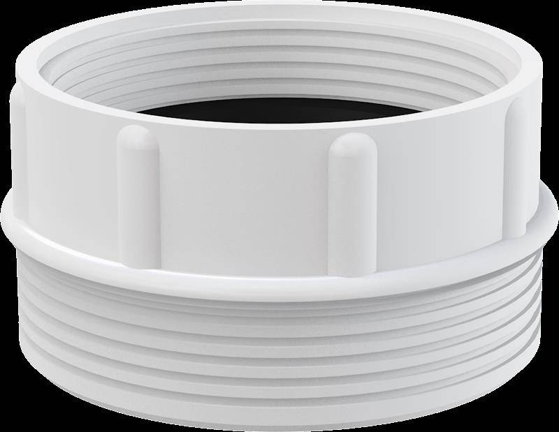 Weiße gewinde Sanitär-Adapter-Verbindung mit großer oberer Öffnung und geripptem unteren Bereich.