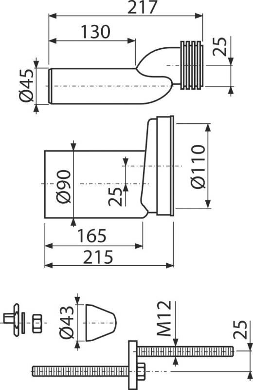 alcadrain Anschlussset für Wand-WC mit Gewindestangen, exzentrisch 25 mm, DN 90, Länge 215 mm, PE, weiß