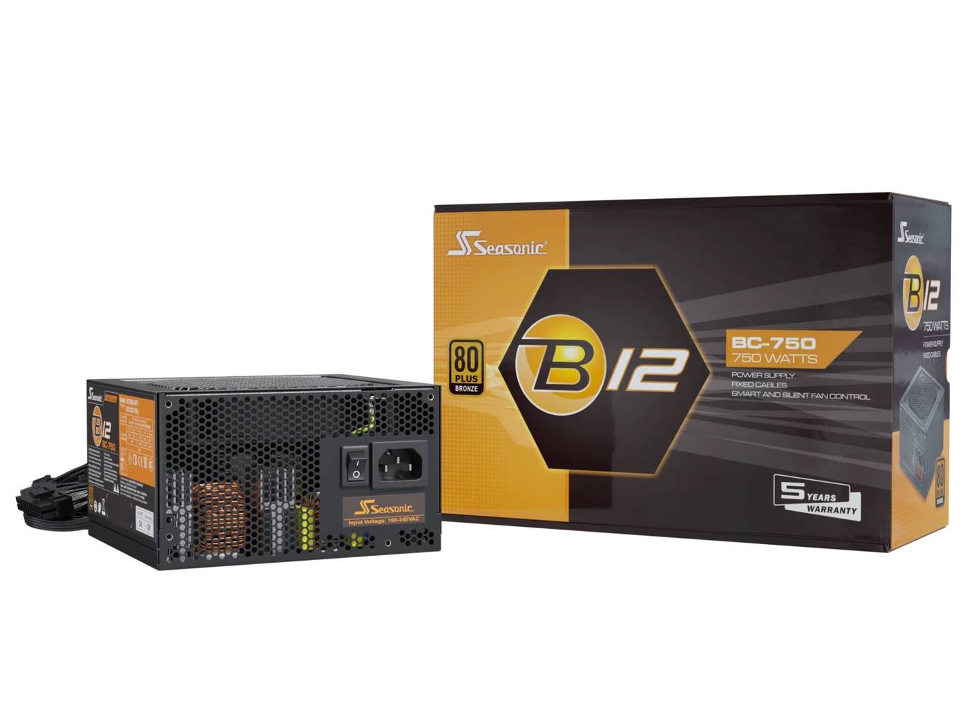 Eine Seasonic 750-Watt-Stromversorgung mit dem Modell 'B12' verfügt über eine 80-Plus-Bronze-Zertifizierung und eine 5-jährige Garantie, daneben ihrer Verpackung.
