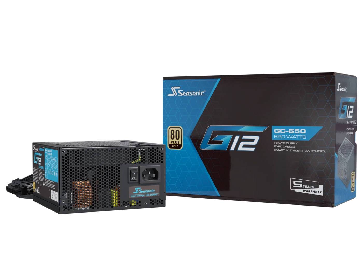 Seasonic G12 GC-650 650W Stromversorgungseinheit und Verpackung. Zu den Merkmalen gehören 80 Plus Gold Zertifizierung und fünf Jahre Garantie.
