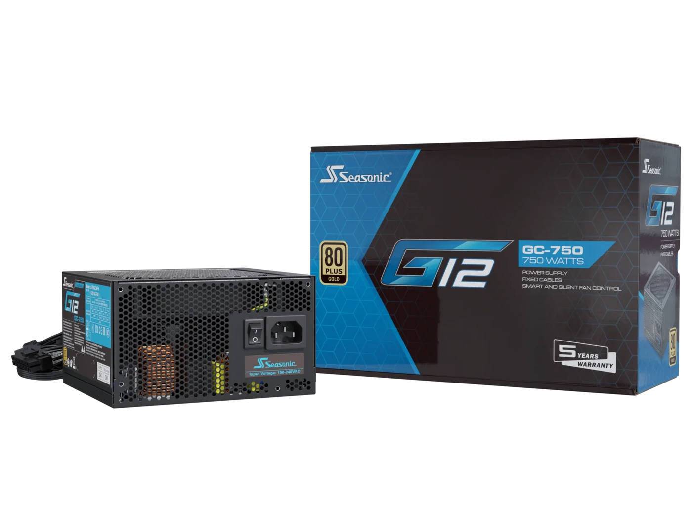 Stromversorgungsgehäuse 'Seasonic G12 GC-750' mit folgenden Eigenschaften: 750 Watt, 80 Plus Gold Zertifizierung, 5-Jahres-Garantie, intelligente und stille Lüfterregelung.