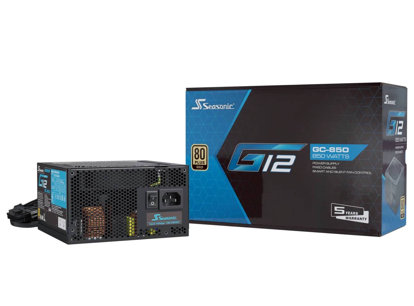 Ein Seasonic G12 GC-850 Netzteil wird neben seiner Verpackung gezeigt. Die Verpackung hebt seine 850 Watt und 80 PLUS Gold Zertifizierung hervor.