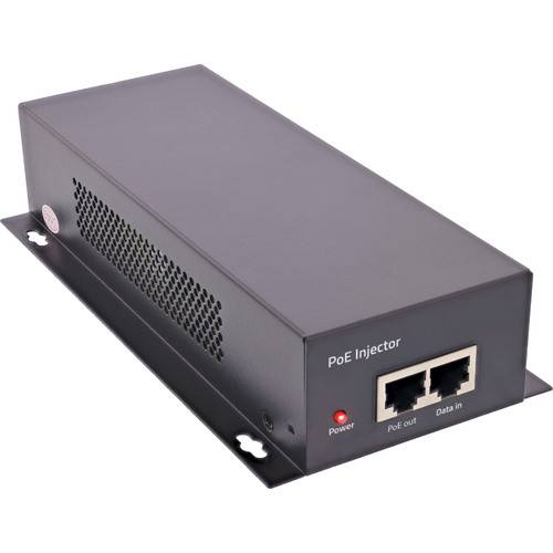 Ein schwarzer PoE (Power over Ethernet) Injektor mit zwei Anschlüssen, die auf der Vorderseite mit ‚PoE out' und ‚Data in' beschriftet sind, sowie einer Stromanzeigelampe.