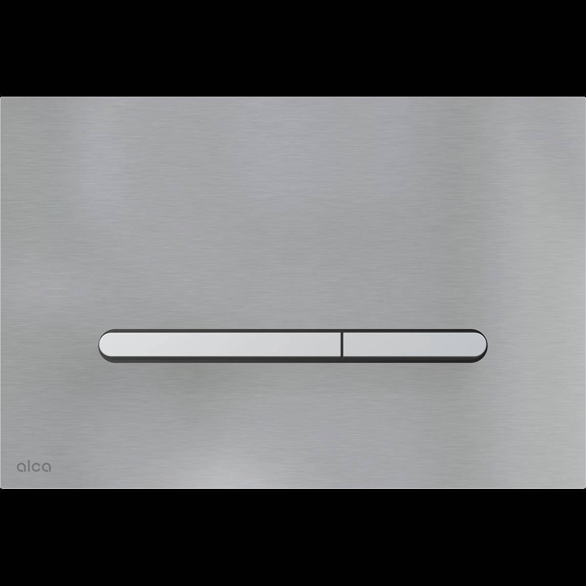Minimale Wandpaneele aus gebürstetem Metall mit zentraler horizontaler Drucktaste, wahrscheinlich eine bündige Toilettenspülplatte.