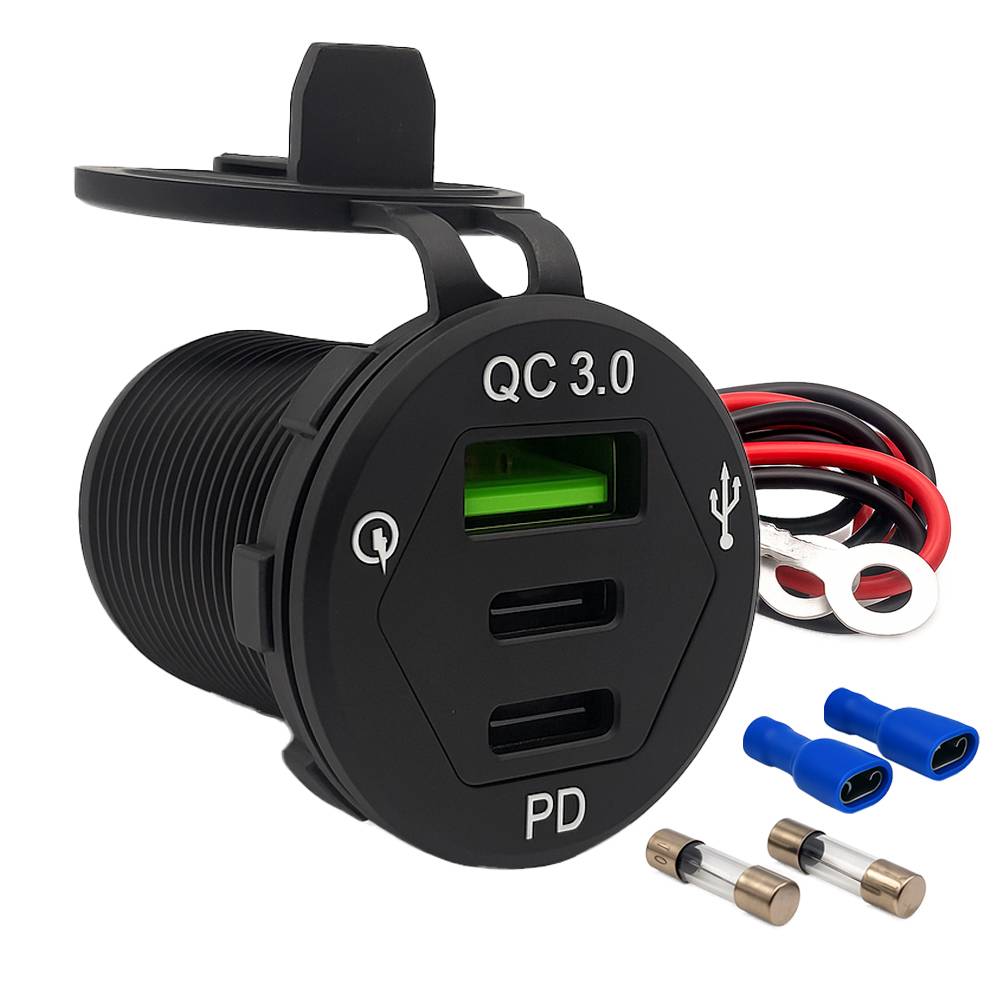 Offgridtec USB-Dreifachsteckdose 12V/24V 2x 18W USB-C und 1x 18W USB-A KFZ-Schnellladeadapter mit Abdeckung
