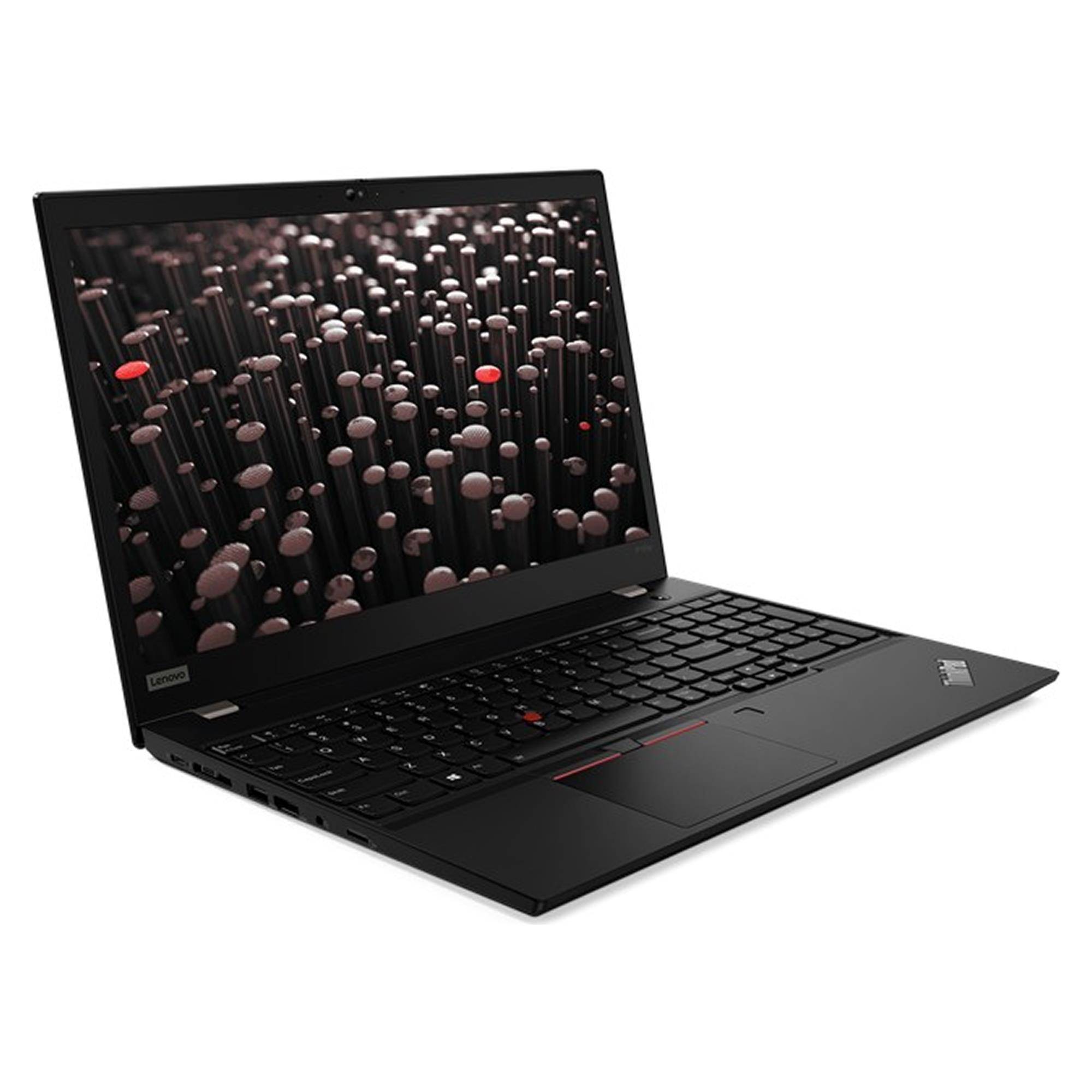 Schwarzer Lenovo ThinkPad Laptop, offen auf weißem Hintergrund, zeigt eine dunkle abstrakte Tapete auf dem Bildschirm.