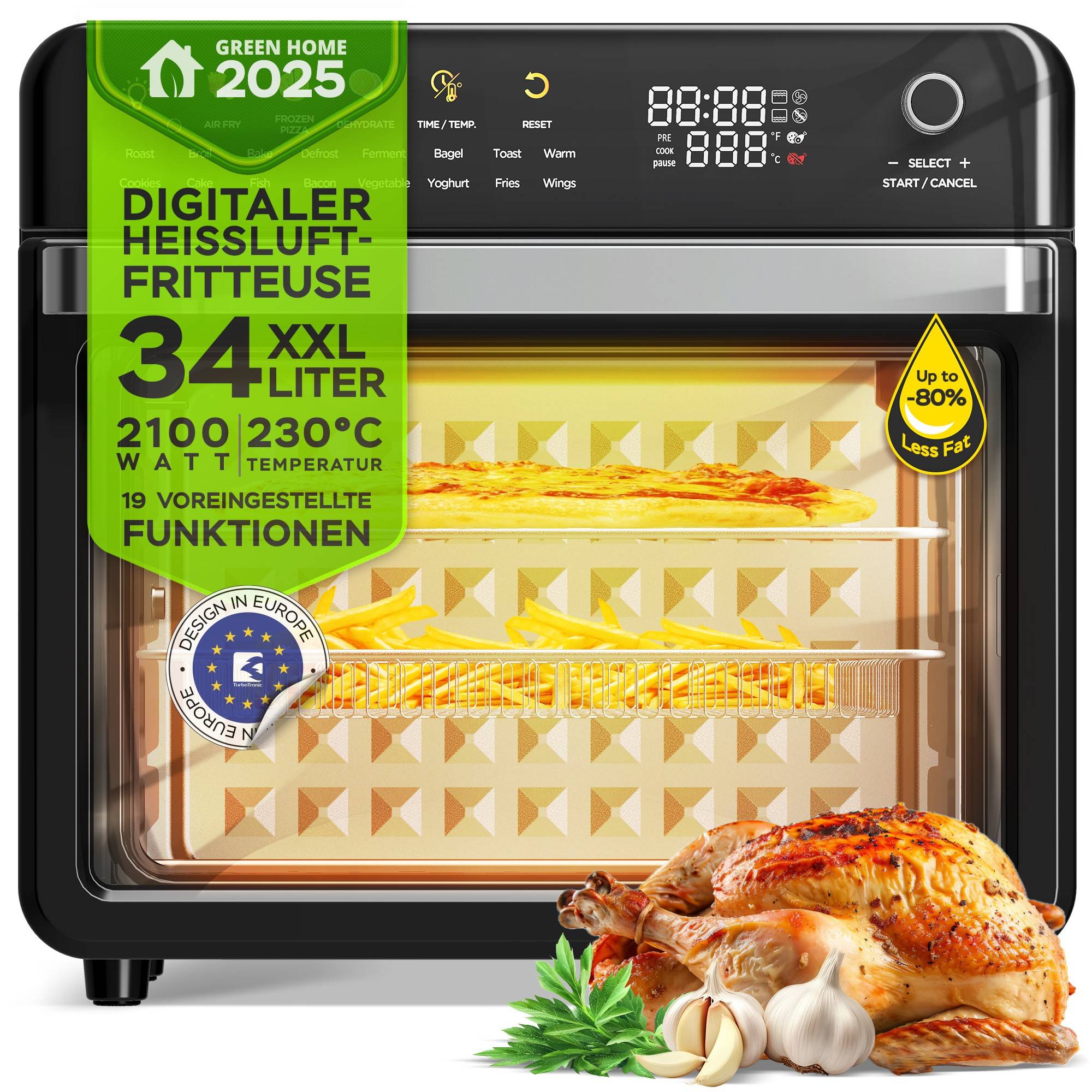 TurboTronic Multi-Smart-Ofen - 19in1 Heißluftofen & Heißluftfritteuse 2100W Power 34L bis 0,5kg Pommes Mini-Backofen mit Dörrfunktion 40-230°C Gri