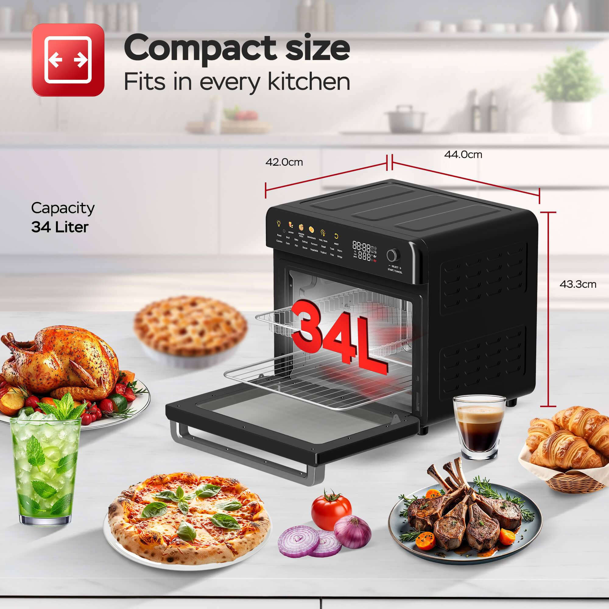 TurboTronic Multi-Smart-Ofen - 19in1 Heißluftofen & Heißluftfritteuse 2100W Power 34L bis 0,5kg Pommes Mini-Backofen mit Dörrfunktion 40-230°C Gri