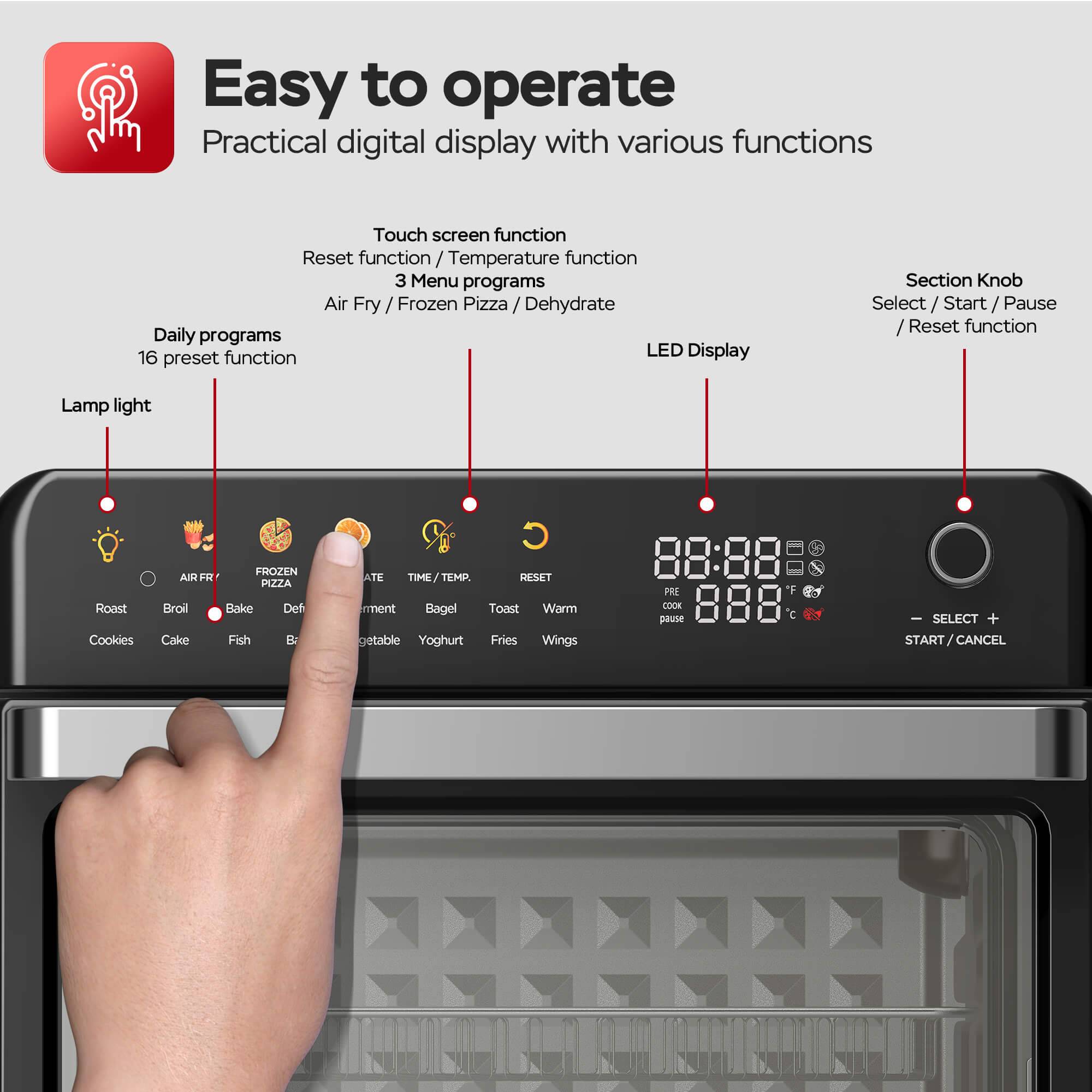 TurboTronic Multi-Smart-Ofen - 19in1 Heißluftofen & Heißluftfritteuse 2100W Power 34L bis 0,5kg Pommes Mini-Backofen mit Dörrfunktion 40-230°C Gri