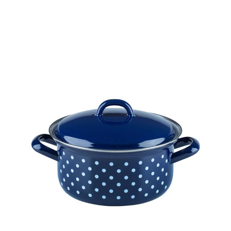 Riess Casserole avec couvercle Ø16cm 1 litre émail Country Dirndl bleu à pois