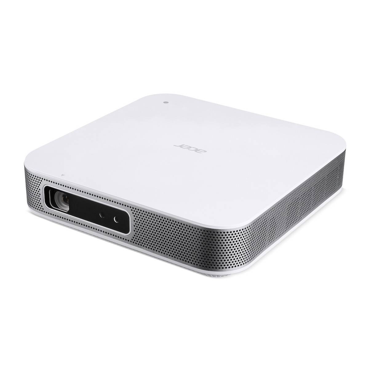 Ein weißer BenQ-Projektor in kompaktem quadratischem Design. Er verfügt über Lamellen mit Belüftung an den Seiten, geeignet für tragbare Verwendung.
