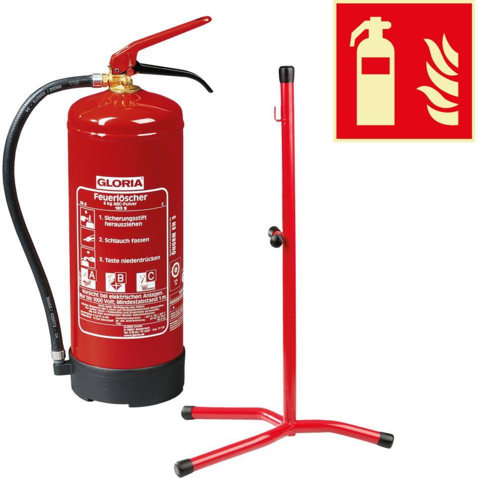 Vorteils-Set Feuerlöscher und Brandschutzzeichen, Pulverlöscher m.Ständer, Schild
